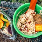 Backpacking cooking lunch recipes hummus bowl diy chopped ginger lightweight powder calories coconut oats powdered almonds boosts milk texture quick